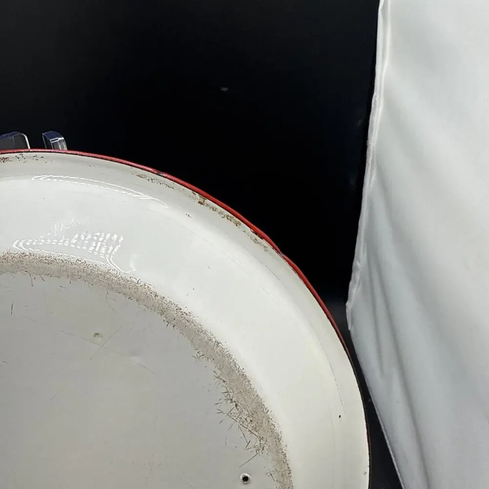 Vintage White Red Rim Enamelware Dinner Plate Farmhouse Camp Rustic 9.25 Inches